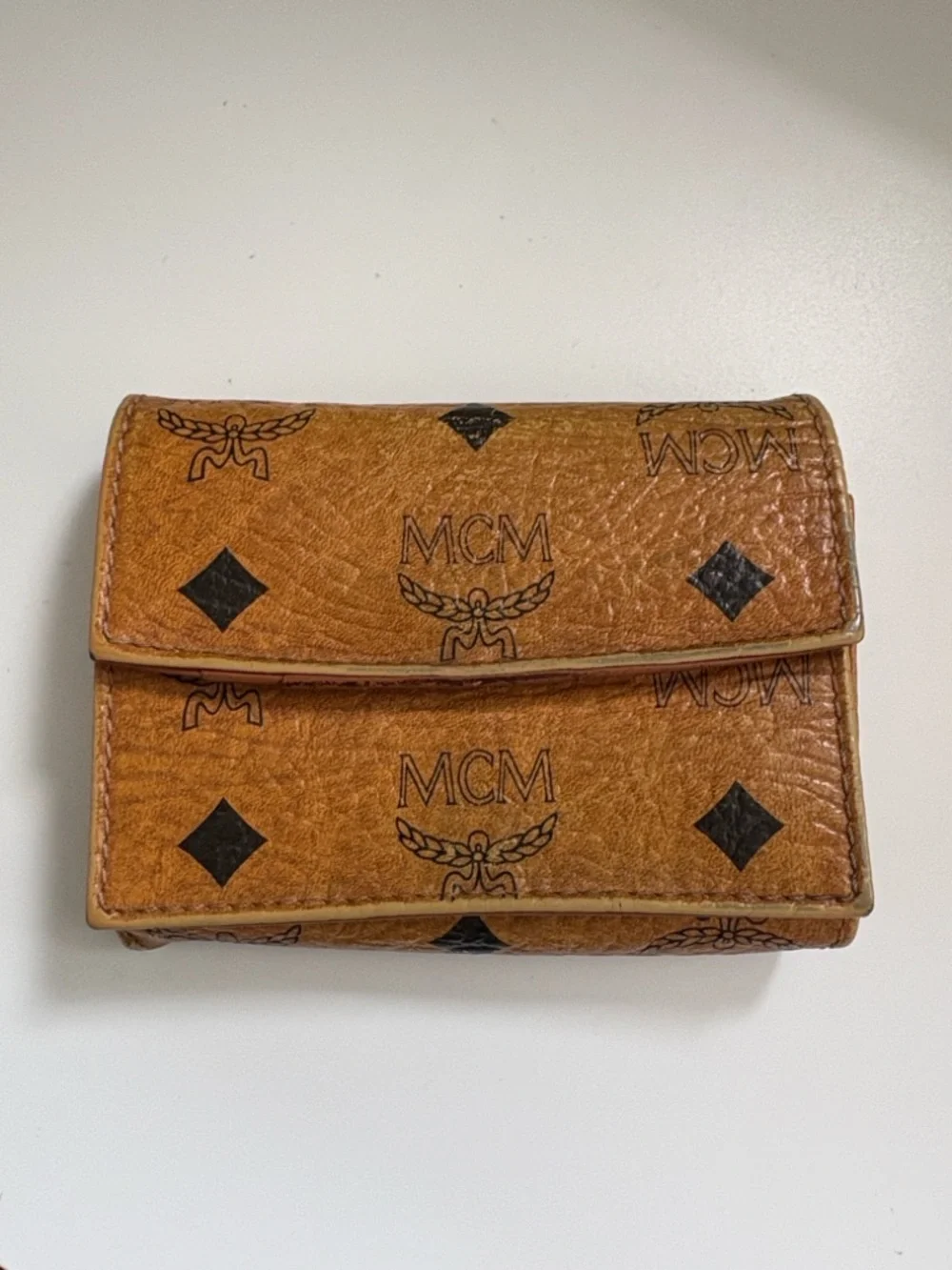 [MCM] Cognac Visetos Logo Compact Leather Tri-Fold Snap Button Unisex Wallet